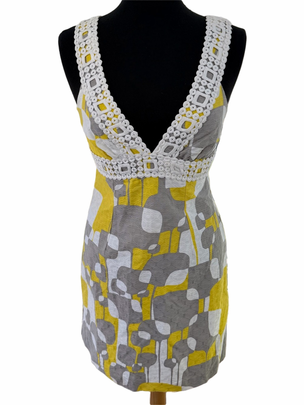 Trina Turk Empire Waist Crochet Trim Mini Dress Sleeveless Size 6 Yellow Gray